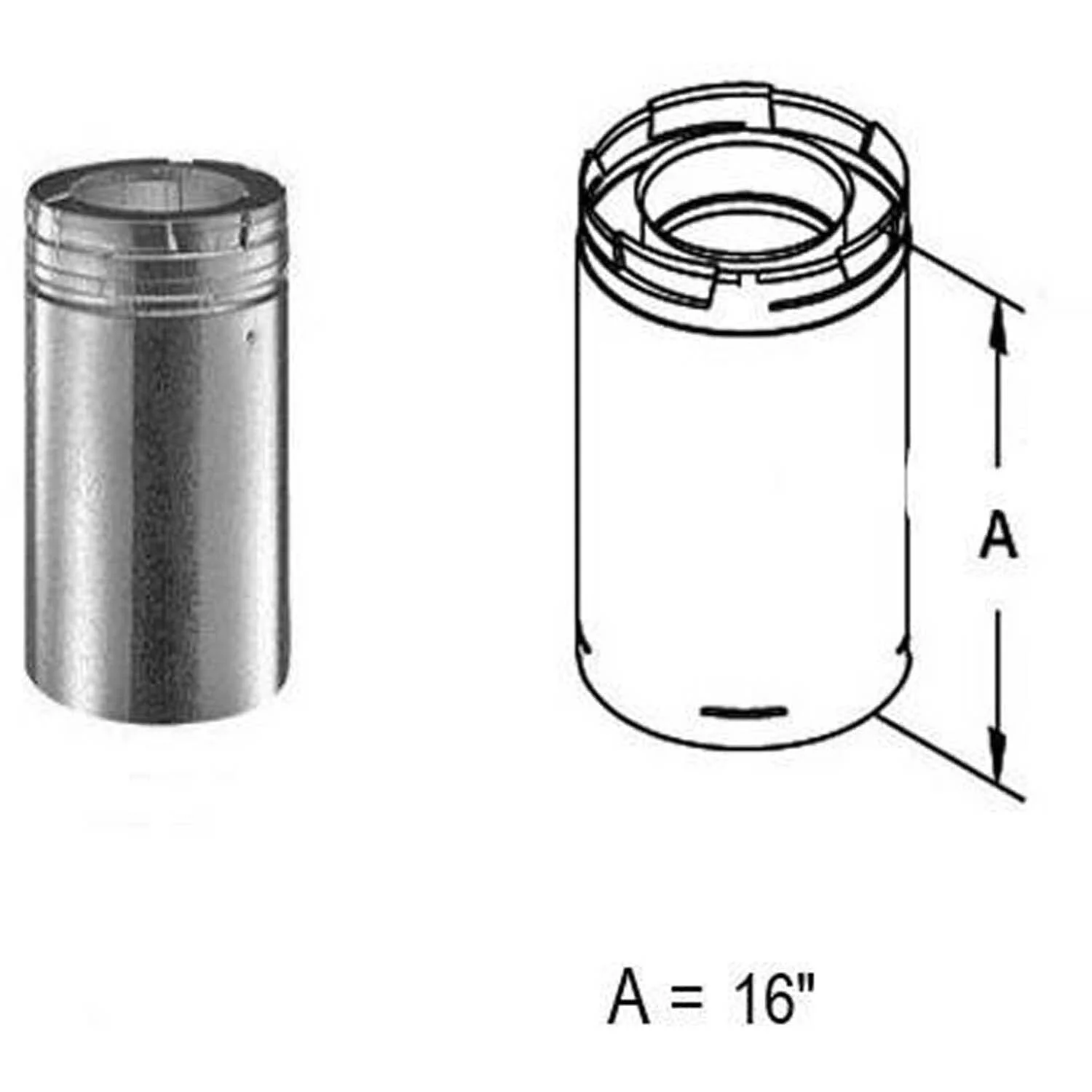 Direct Vent 16" Pipe Extension Galvalume 5"ID X 8" OD Direct Vent: 58DVA-16A
